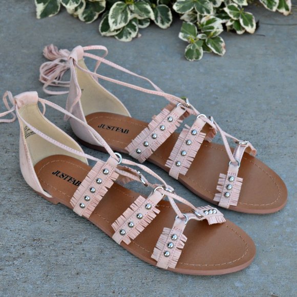 Lace Up Strappy Cut Out Fringe Boho Flat Sandals - Picture 3 of 6
